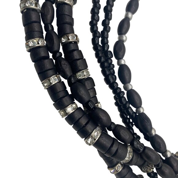 Chicos Signed Multi Strand Black Wood Bead Statement Necklace Rhinestone Boho - Picture 3 of 8